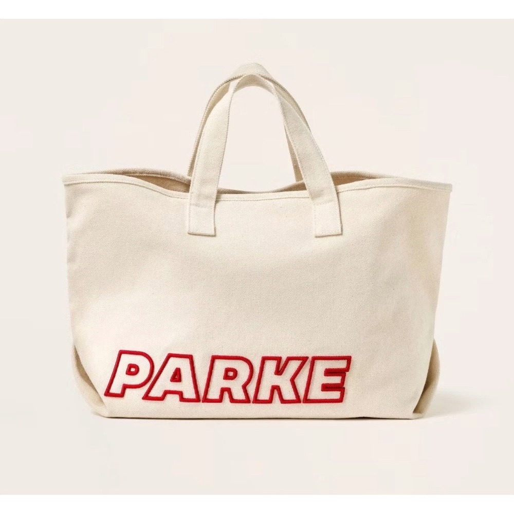 Parke Canvas Tote Bag Cream Red Logo Large Travel Beach Carryall Striped Pocket